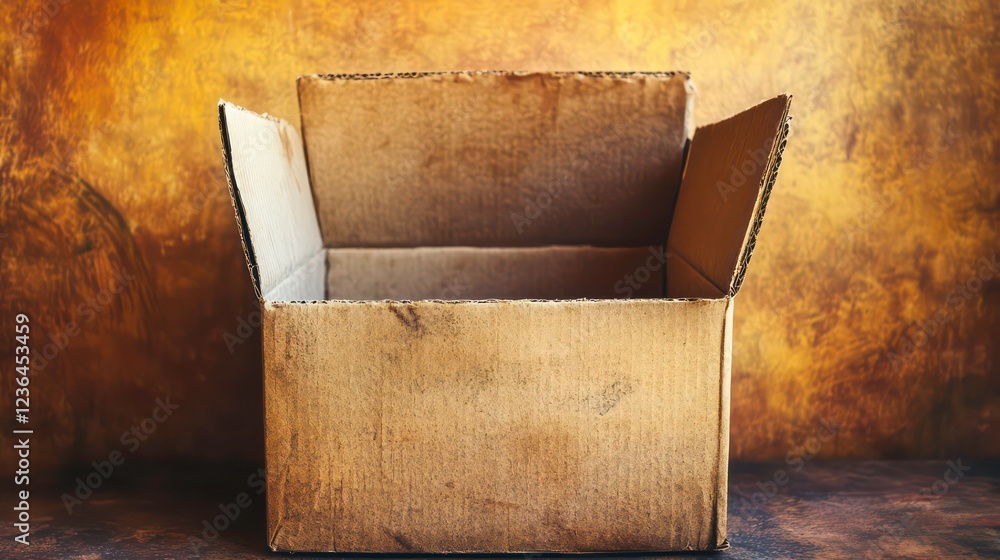 Aufkleber empty open cardboard box on rustic background.