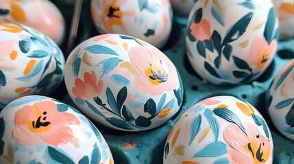 Fototapeta premium A collection of beautifully decorated Easter eggs in a variety of vibrant spring colors and intricate floral patterns These handmade