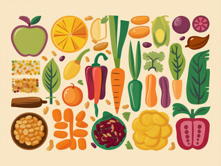Colorful Hand-Drawn Vegetables and Fruits in a Healthy Food Pattern