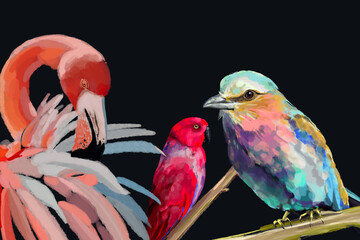 Vibrant watercolor illustration of exotic tropical birds, featuring a majestic flamingo, a colorful lilac-breasted roller, and a striking red parrot. Perfect for nature, wildlife, and artistic designs