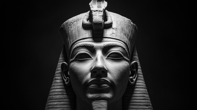 Black and white portrait of an Egyptian pharaoh statue adorned with a Nemes crown and ceremonial beard, set against a dark backdrop