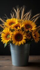 Obraz premium Bright sunflower bouquet with wheat stalks in a metallic bucket set on a wooden table with a black background