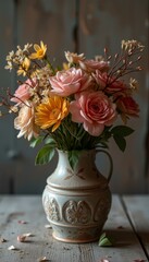 Obraz premium Elegant pastel-colored flowers in a vintage ceramic vase placed on a wooden table