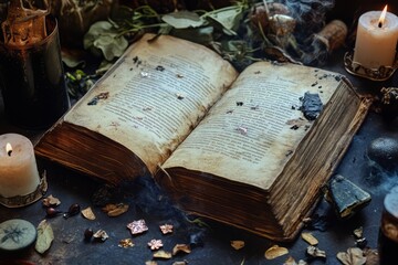 An Ancient Grimoire Lies Open, Surrounded By Candles, Herbs, And Mystical Artifacts.