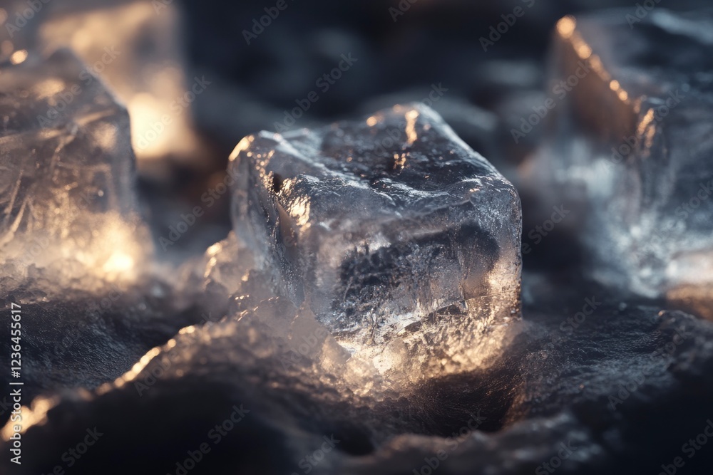 Poster a close-up of ice cubes on a dark background, with the focus sharp and the ice cubes appearing to be