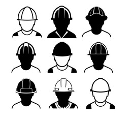 Set of simple flat vector icons depicting only people on a construction site. Black and white.