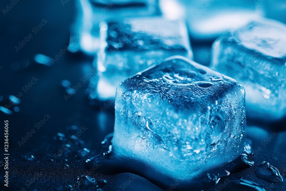 Poster a close-up of ice cubes on a dark background, with the focus sharp and the ice cubes appearing to be