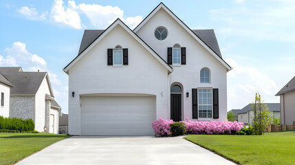 Fototapeta premium Suburban home, landscaped yard, blue sky, new construction, real estate