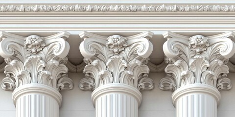 Obraz premium Three white classic columns with detailed ornaments. Background is light. For use as backgrounds.