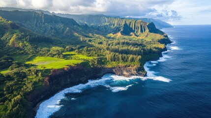 Fototapeta premium Aerial View of Lush Green Cliffs and Ocean Waves in Kauai