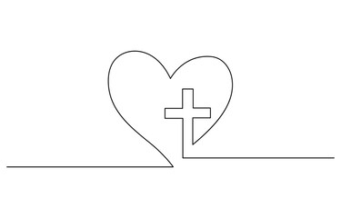 One continuous line drawing cross of christ with love sign vector illustration, Christianity love. Heart and cross. Continuous line drawing. Religion concept.