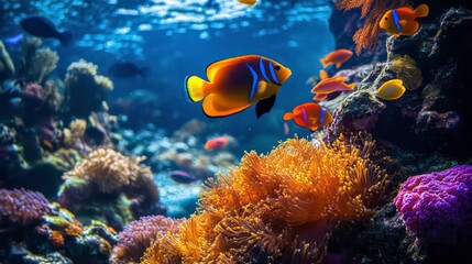 Obraz premium Vibrant coral reef teeming with diverse fish species, showcasing underwater beauty and marine life.
