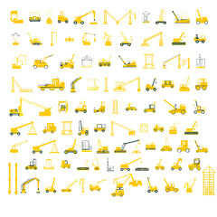 Set of simple, flat vector icons of buildings and construction equipment. Yellow.
