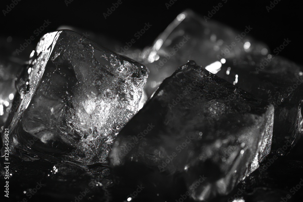 Poster a close-up of ice cubes on a dark background, with the focus sharp and the ice cubes appearing to be
