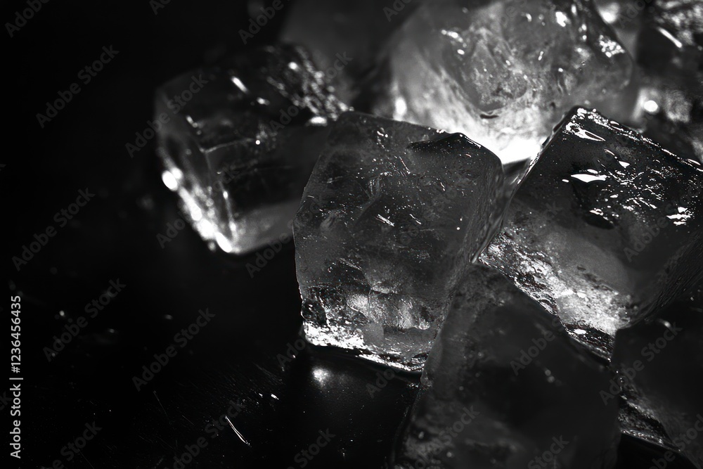 Poster a close-up of ice cubes on a dark background, with the focus sharp and the ice cubes appearing to be