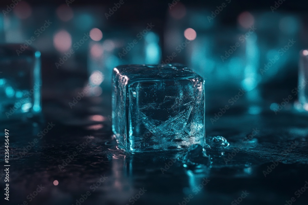 Poster a close-up of ice cubes on a dark background, with the focus sharp and the ice cubes appearing to be