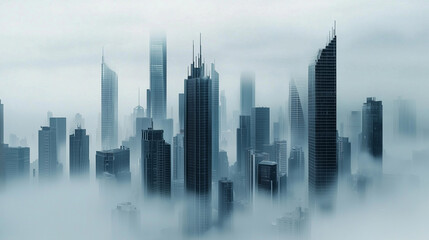 Obraz premium Skyscrapers in Foggy Urban Cityscape