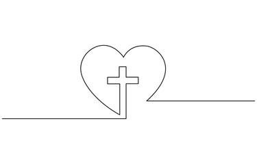 One continuous line drawing cross of christ with love sign vector illustration, Christianity love. Heart and cross. Continuous line drawing. Religion concept.