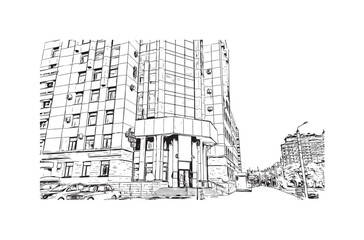 Building view with landmark of Chelyabinsk Russia. Hand drawn sketch illustration in vector.