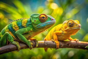 Vibrant Chameleons on Branch: Aerial Drone Shot with Selective Focus