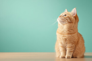 Ginger Cat on Teal Background Copy Space
