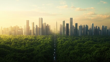 Urban Landscape with Lush Greenery Surrounded by Skyscrapers