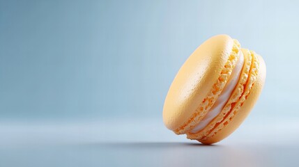 A single, pastel orange macaron rests on a light blue background. Delicious!