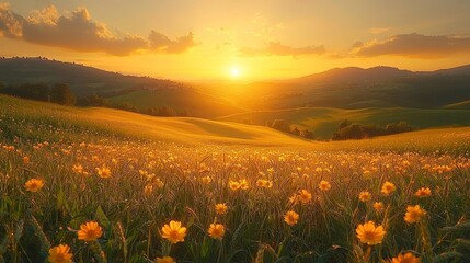 Fototapeta premium Breathtaking Wheat Field Landscape Under Glowing Sunrise Sky