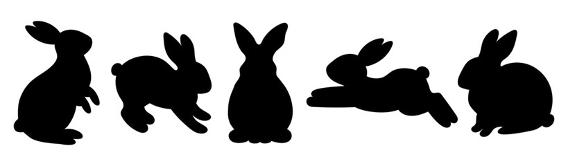 Easter bunny silhouettes. Set of silhouettes of rabbits in different poses. Black outlines of bunnies. Traditional holiday symbol