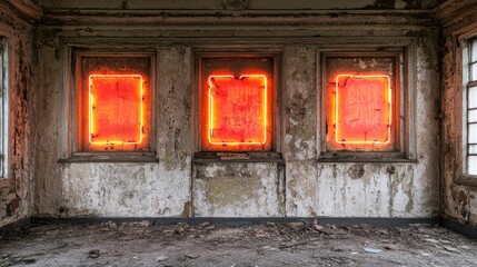 Fototapeta premium Abandoned Room with Neon Lights Illuminating Distressed Walls