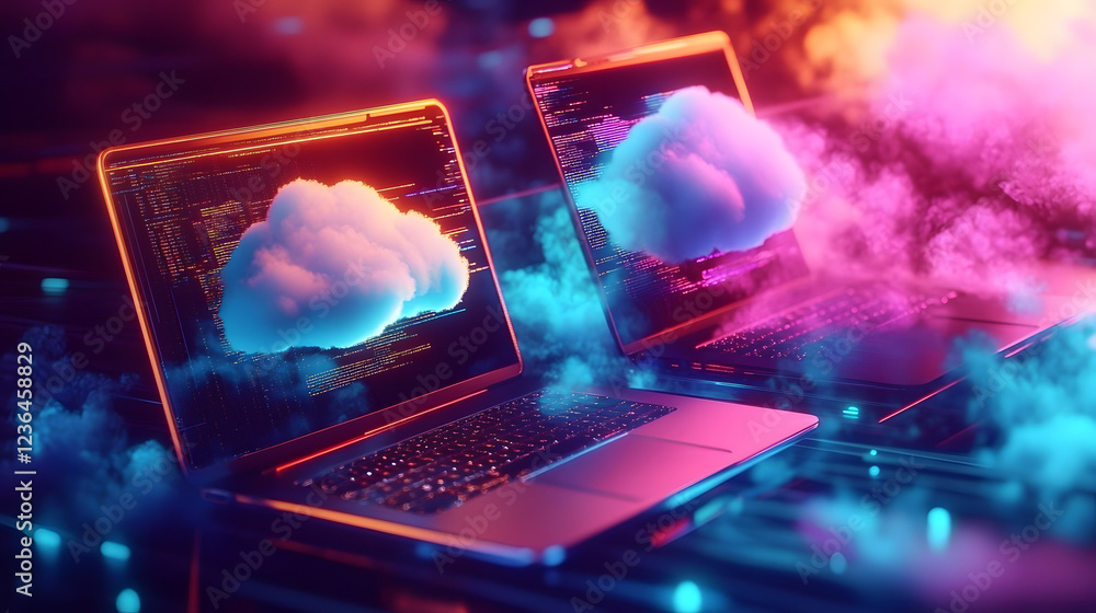 Aufkleber exploring cloud computing a modern digital landscape with laptops and cloud icons