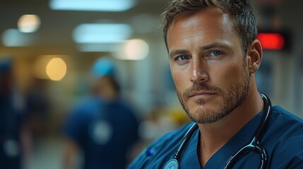 Fototapeta premium Confident Doctor Providing Calm Leadership During Emergency Room Briefing