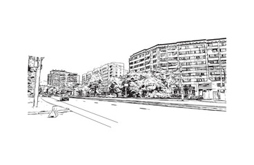 Building view with landmark of Chelyabinsk Russia. Hand drawn sketch illustration in vector.