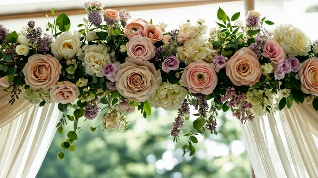 Romantic Floral Arch: A breathtaking display of blush pink roses, white hydrangeas, and sprigs of greenery cascade from a white drape, creating an ethereal backdrop for a wedding ceremony.  