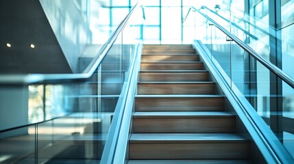 Fototapeta premium Modern Wooden Staircase With Glass Railings In A Bright Building