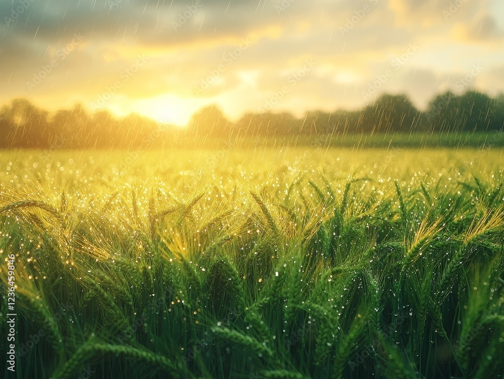 Poster lush wheat field swaying gently in soft summer drizzle under overcast sky