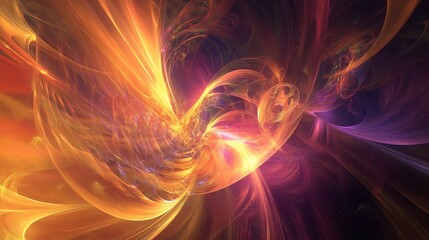 Abstract digital art with vibrant orange and purple swirls creating a dynamic flow of light