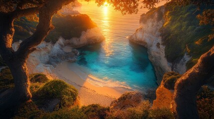 The most beautiful sunset, with an aerial view of the cove, a stunning blue lagoon and beach. The...