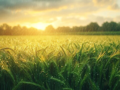 Lush Wheat Field Swaying Gently in Soft Summer Drizzle Under Overcast Sky