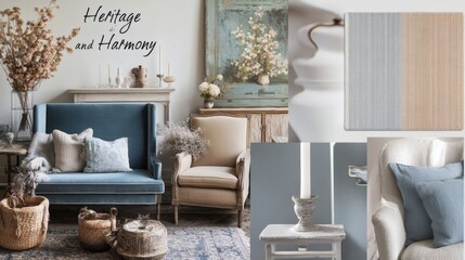 Serene Living Room Interior Design Heritage and Harmony in Blue and Beige Tones