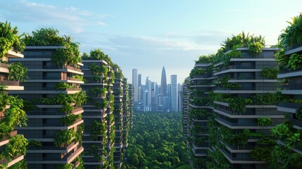 Urban Green Architecture with Vertical Gardens Amidst City Skyline