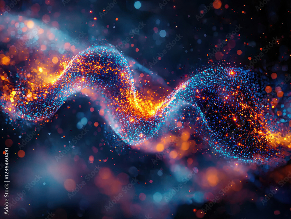 Poster exploration of quantum probability waves showcasing shifting patterns in neon light against a deep s