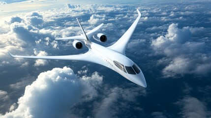 A white passenger plane flying in the sky, surrounded by clouds. The airplane is sleek and modern with large wings for good aerodynamic performance. It has two engines on each side of its body.