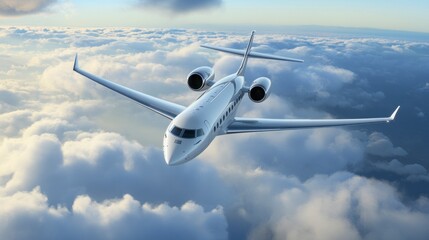 A white passenger plane flying in the sky, surrounded by clouds. The airplane is sleek and modern with large wings for good aerodynamic performance. It has two engines on each side of its body.