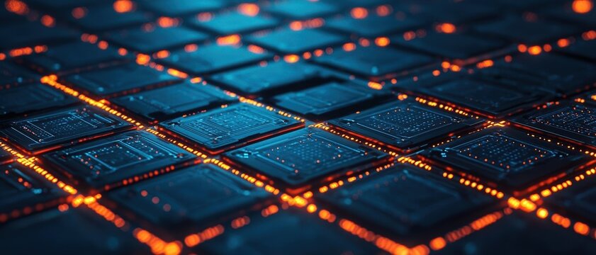 Digital grid with circuit paths, deep blue and orange glow, futuristic tech concept, 3D illustration