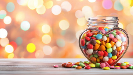heart shaped candy jar overflowing with colorful sweets creates joyful atmosphere