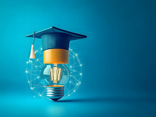 An innovative educational image showcasing a bachelor cap and a light bulb on a blue background. photo