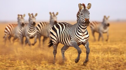 Obraz premium Dynamic Scene of Zebras Running Across Golden Grassland