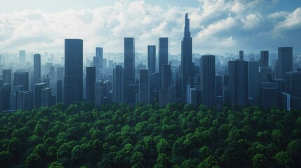 Urban Landscape with Modern Skyscrapers Overlooking Green Forest Area