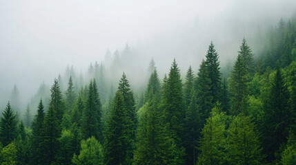 Fototapeta premium Lush green forest with tall trees shrouded in mist on overcast day, creating serene and tranquil atmosphere